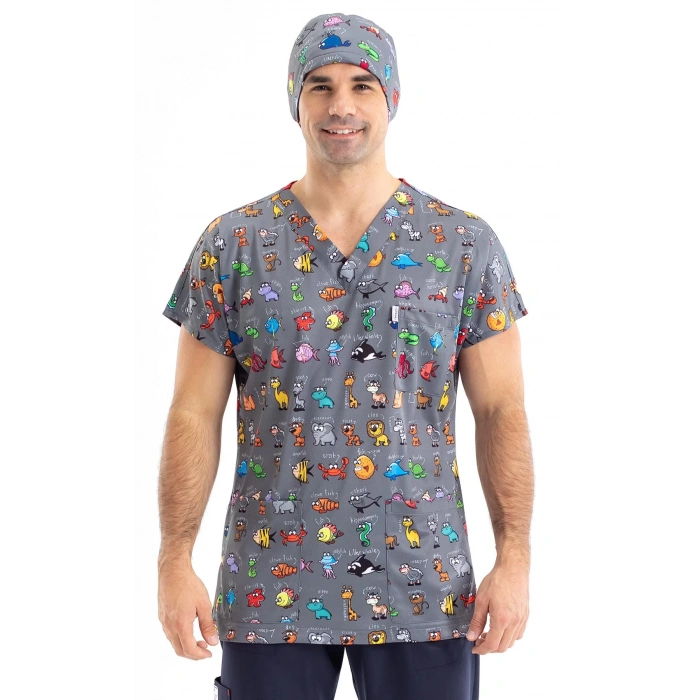Scrubs cerrahi forma erkek tek üst hayvanlar alemi desen
