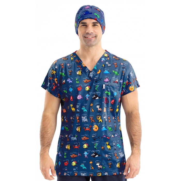 Scrubs cerrahi forma erkek tek üst hayvanlar alemi lacivert