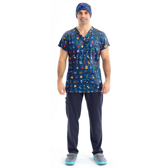 Scrubs cerrahi forma erkek tek üst hayvanlar alemi lacivert