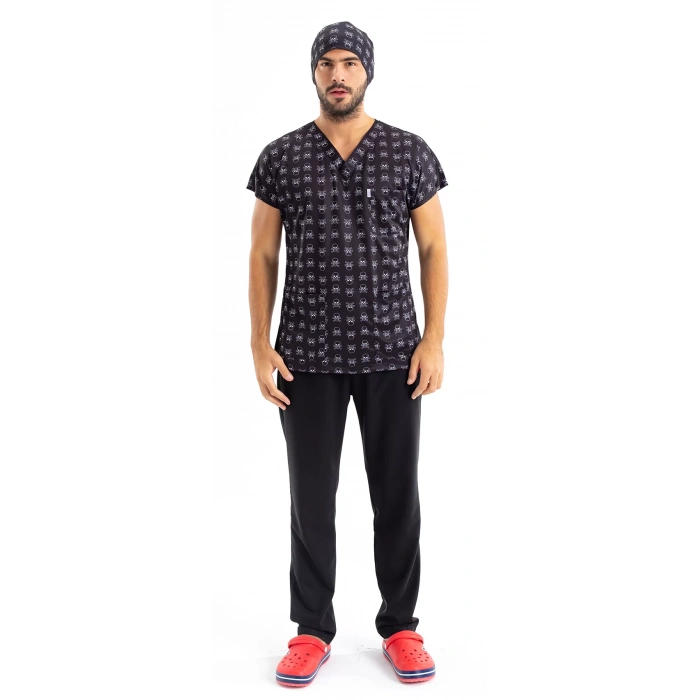 Scrubs cerrahi forma erkek tek üst kuru kafa desen
