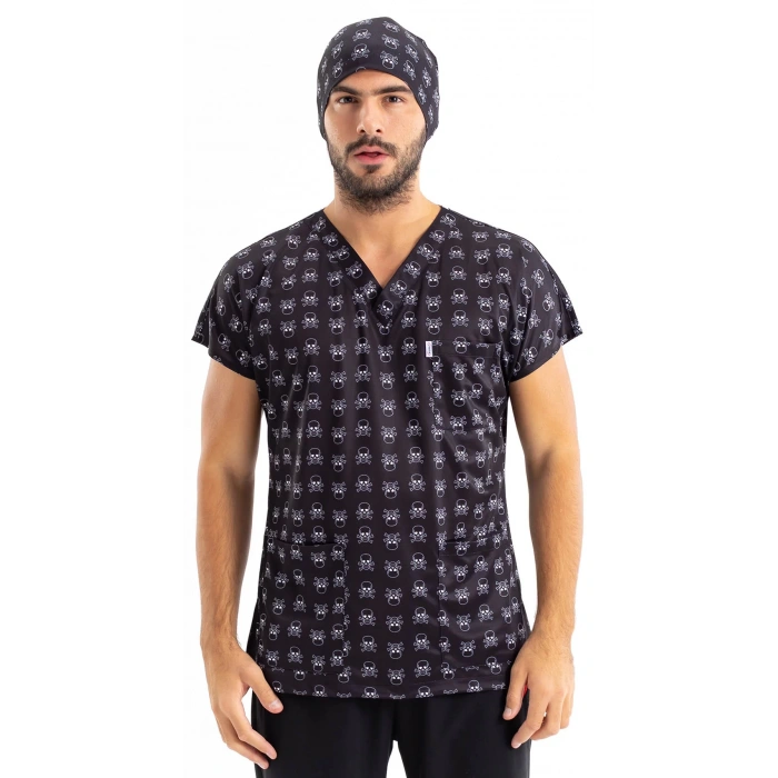 Scrubs cerrahi forma erkek tek üst kuru kafa desen