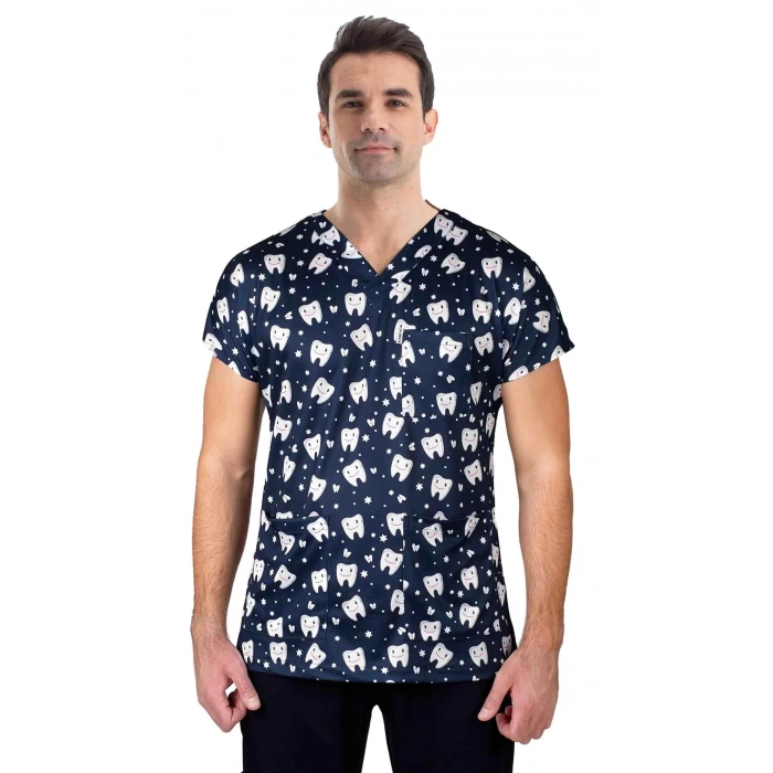 Scrubs cerrahi forma erkek tek üst lacivert diş desen