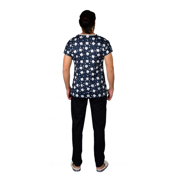 Scrubs cerrahi forma erkek tek üst lacivert diş desen