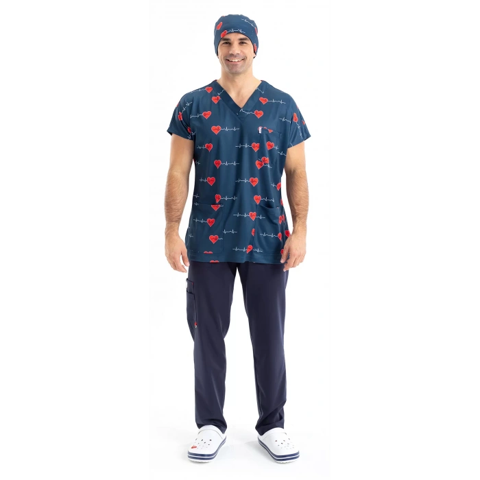 Scrubs cerrahi forma erkek tek üst lacivert kalp ritim