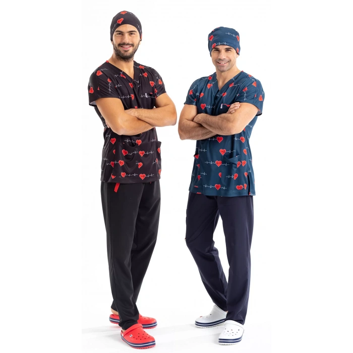 Scrubs cerrahi forma erkek tek üst lacivert kalp ritim