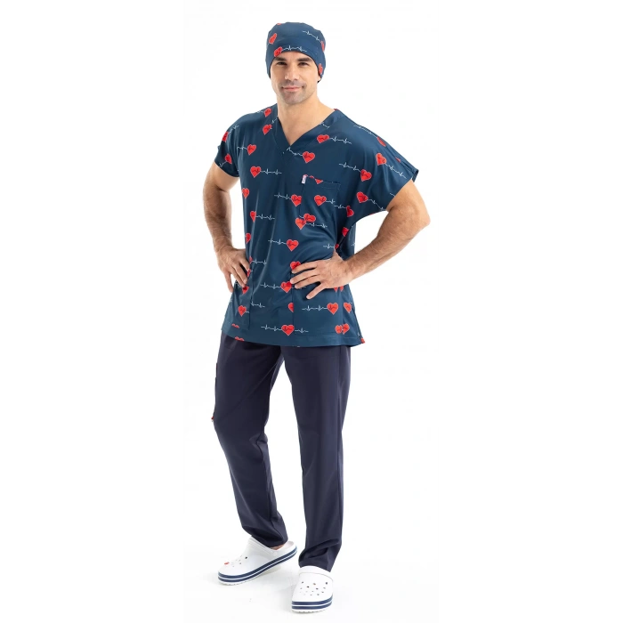 Scrubs cerrahi forma erkek tek üst lacivert kalp ritim