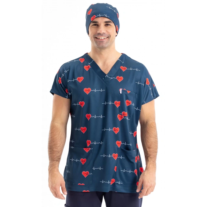 Scrubs cerrahi forma erkek tek üst lacivert kalp ritim