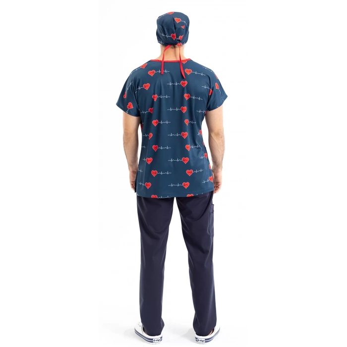 Scrubs cerrahi forma erkek tek üst lacivert kalp ritim