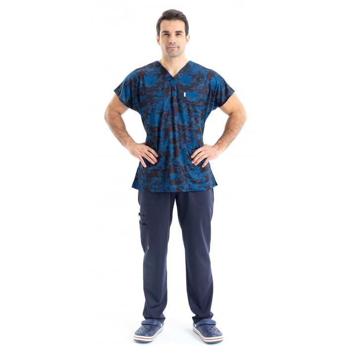 Scrubs cerrahi forma erkek tek üst mavi kamuflaj