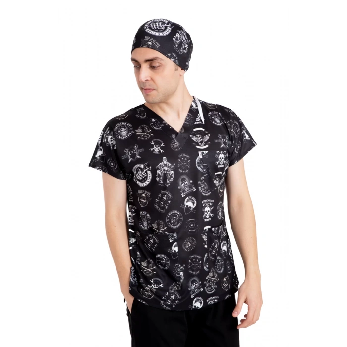 Scrubs cerrahi forma erkek tek üst motosiklet desen