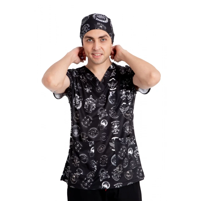 Scrubs cerrahi forma erkek tek üst motosiklet desen