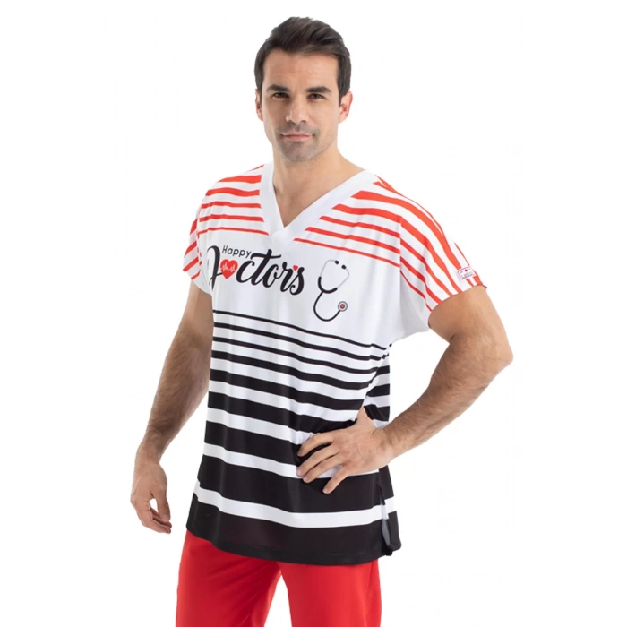 Scrubs cerrahi forma erkek tek üst mutlu doktorlar siyah kırmızı