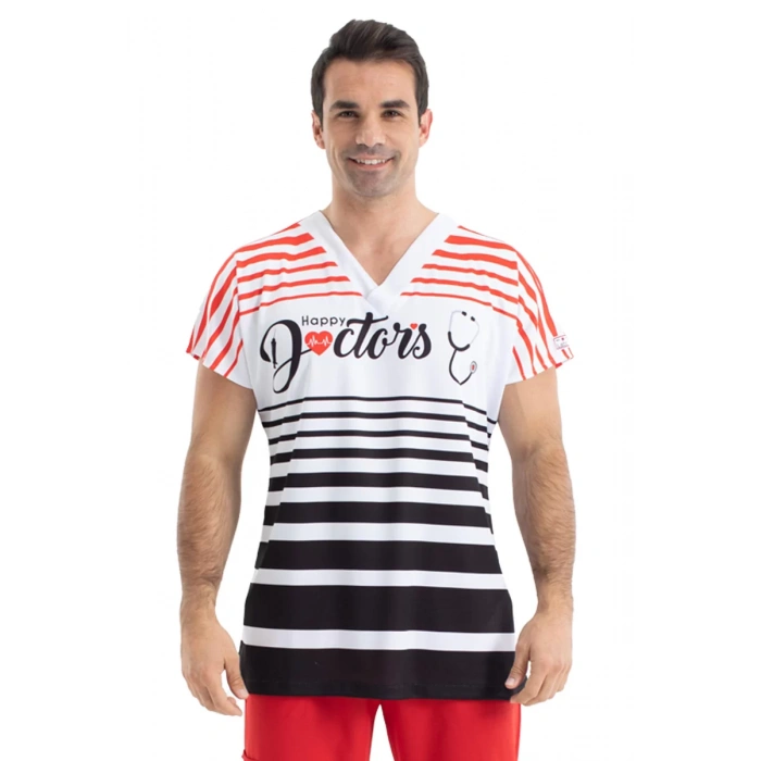 Scrubs cerrahi forma erkek tek üst mutlu doktorlar siyah kırmızı