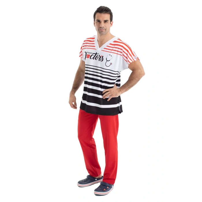 Scrubs cerrahi forma erkek tek üst mutlu doktorlar siyah kırmızı