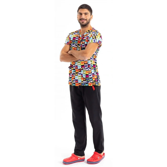 Scrubs cerrahi forma erkek tek üst Renkli Köpekli Kedili no:13