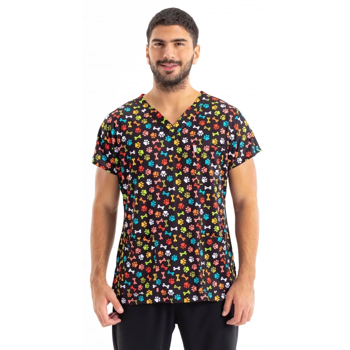 Scrubs cerrahi forma erkek tek üst renkli pati desen 22