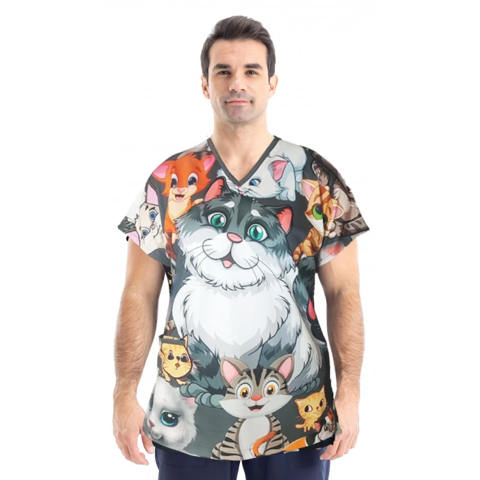 Scrubs cerrahi forma erkek tek üst şımarık kediler