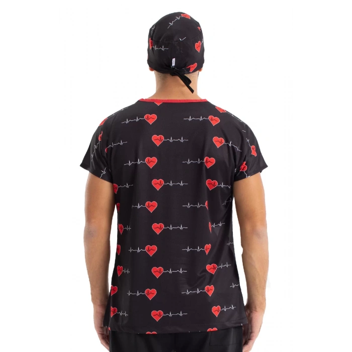 Scrubs cerrahi forma erkek tek üst siyah kalp ritim
