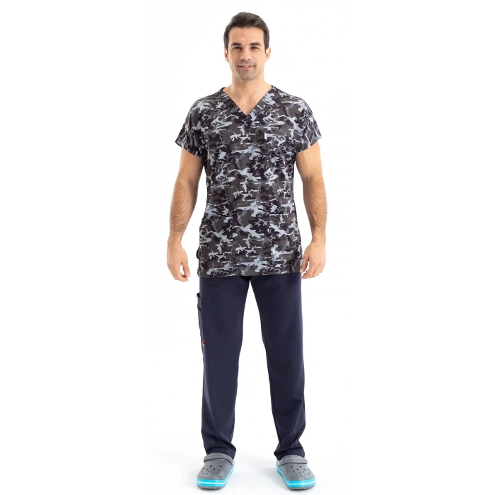 Scrubs cerrahi forma erkek tek üst siyah kamuflaj