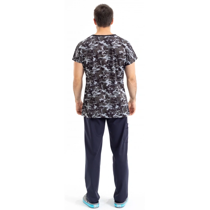 Scrubs cerrahi forma erkek tek üst siyah kamuflaj