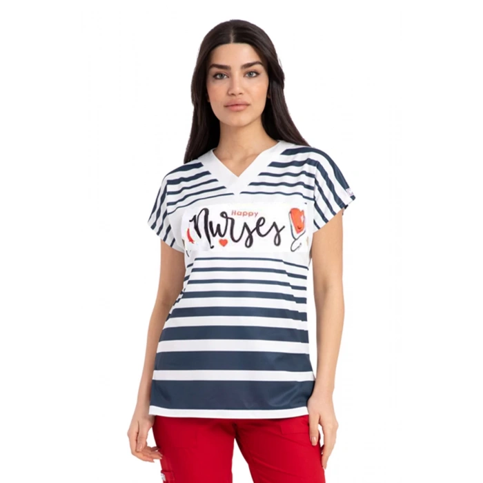Scrubs cerrahi forma kadın tek üst mutlu hemşire desen
