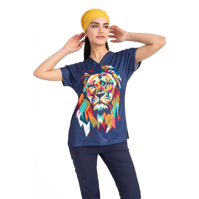 Scrubs cerrahi forma kadın tek üst büyük aslan