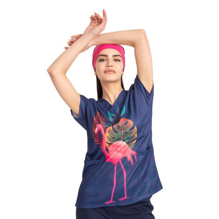Scrubs cerrahi forma kadın tek üst flamingo büyük desen 50