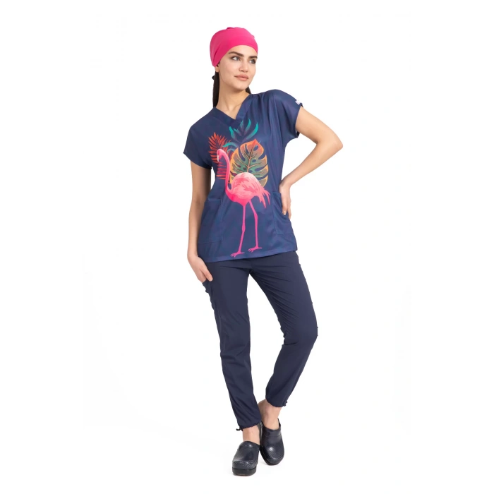 Scrubs cerrahi forma kadın tek üst flamingo büyük desen 50