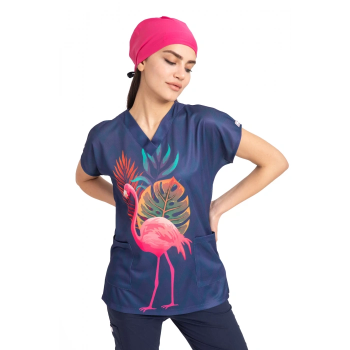 Scrubs cerrahi forma kadın tek üst flamingo büyük desen 50