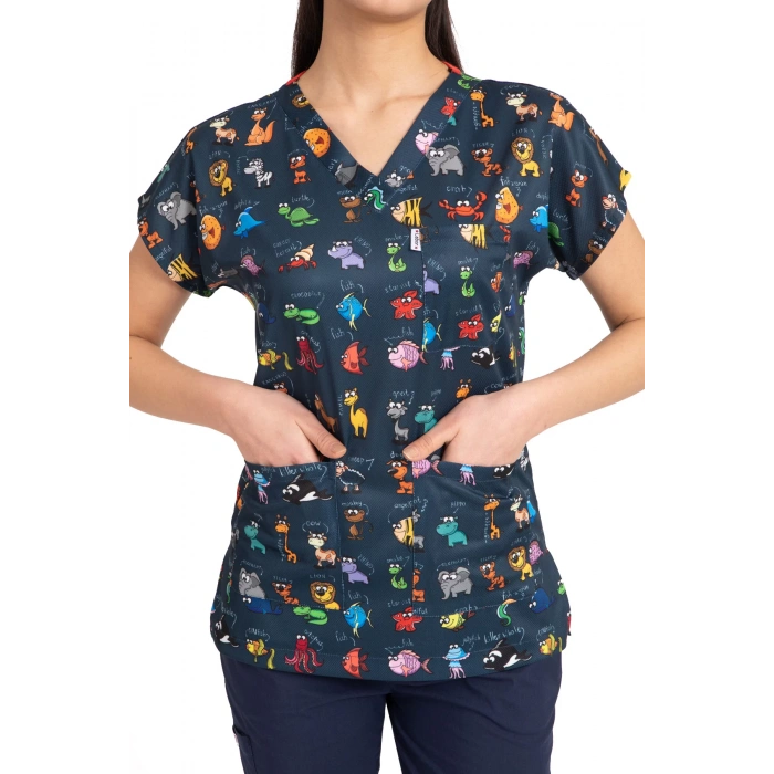 Scrubs cerrahi forma kadın tek üst hayvanlar alemi lacivert