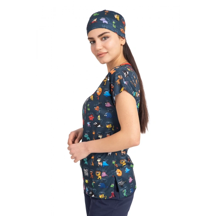 Scrubs cerrahi forma kadın tek üst hayvanlar alemi lacivert