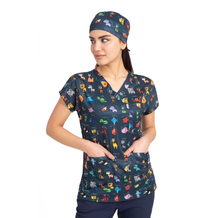 Scrubs cerrahi forma kadın tek üst hayvanlar alemi lacivert