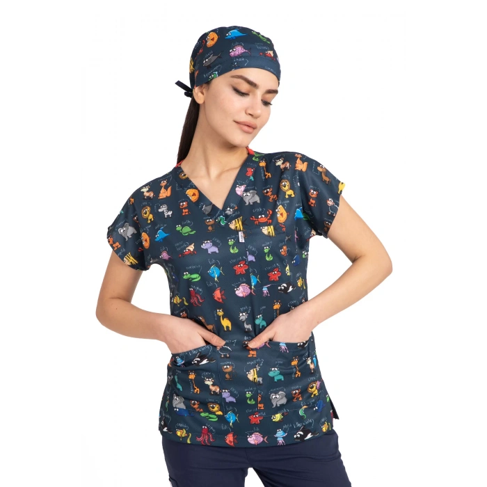 Scrubs cerrahi forma kadın tek üst hayvanlar alemi lacivert