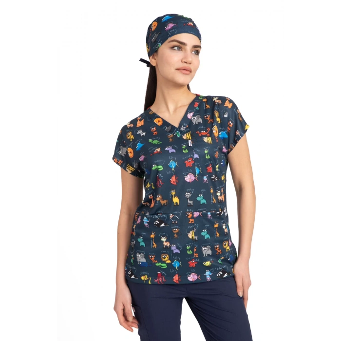 Scrubs cerrahi forma kadın tek üst hayvanlar alemi lacivert