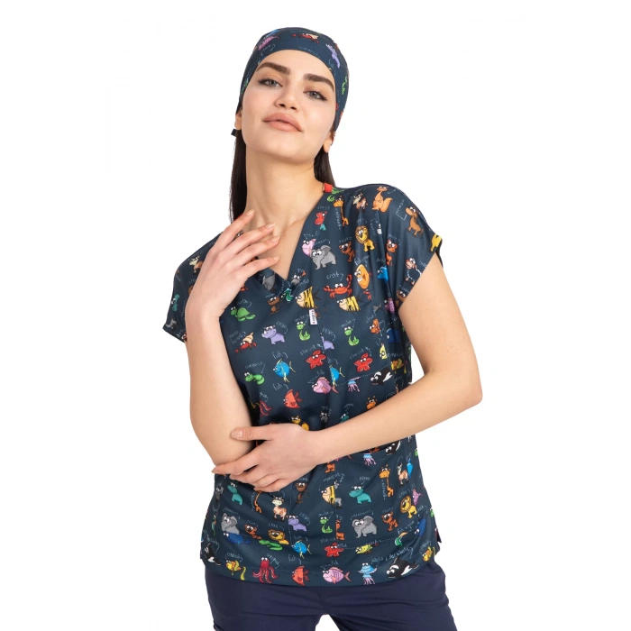 Scrubs cerrahi forma kadın tek üst hayvanlar alemi lacivert