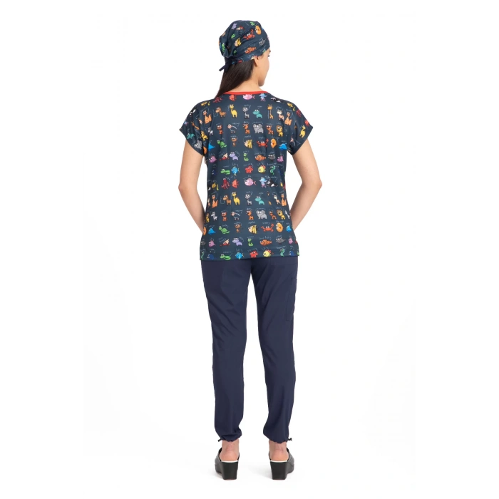 Scrubs cerrahi forma kadın tek üst hayvanlar alemi lacivert