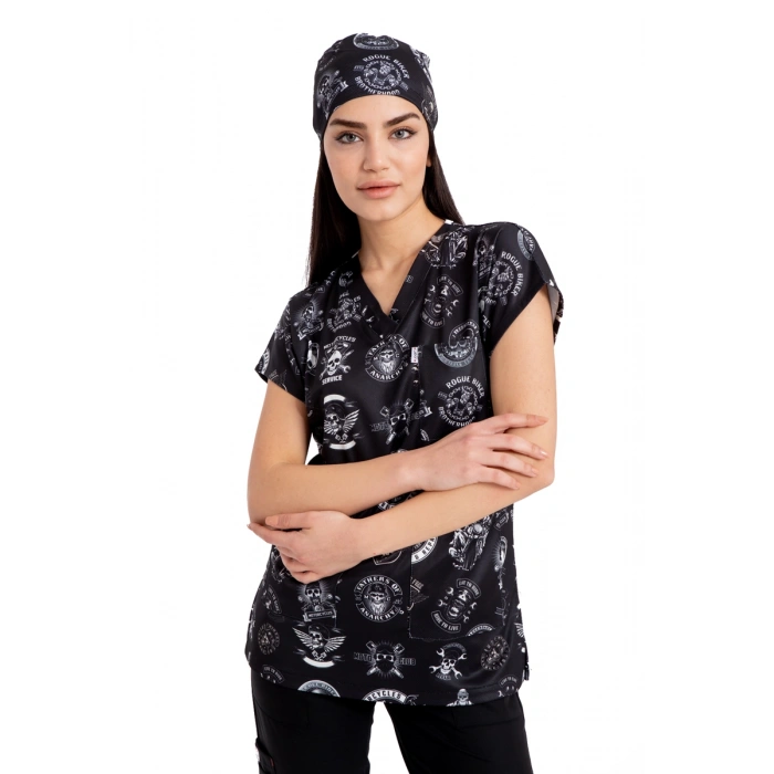 Scrubs cerrahi forma kadın tek üst motosiklet desen