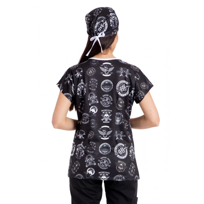 Scrubs cerrahi forma kadın tek üst motosiklet desen