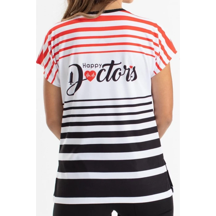 Scrubs cerrahi forma kadın tek üst mutlu doktorlar siyah