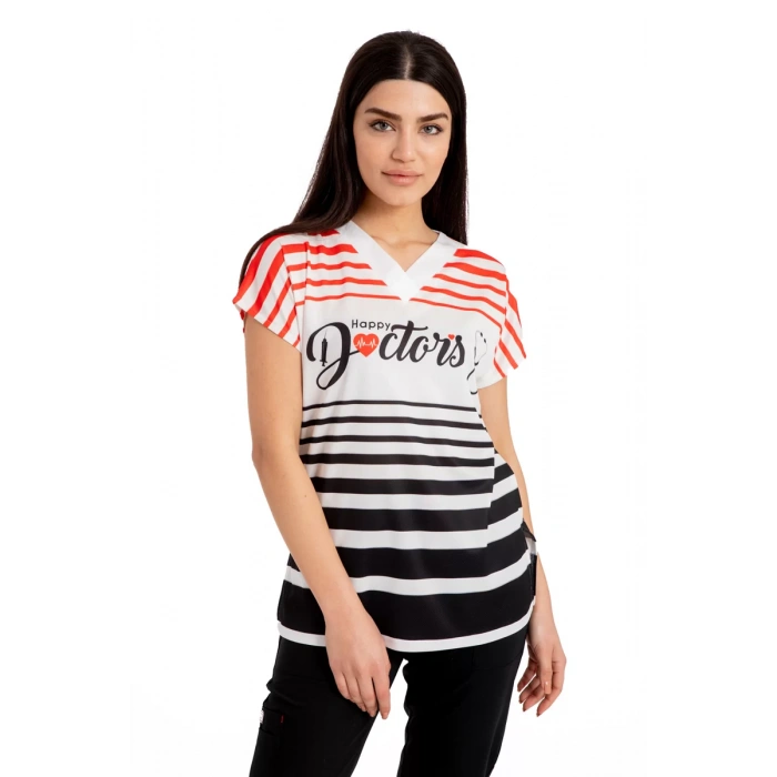 Scrubs cerrahi forma kadın tek üst mutlu doktorlar siyah