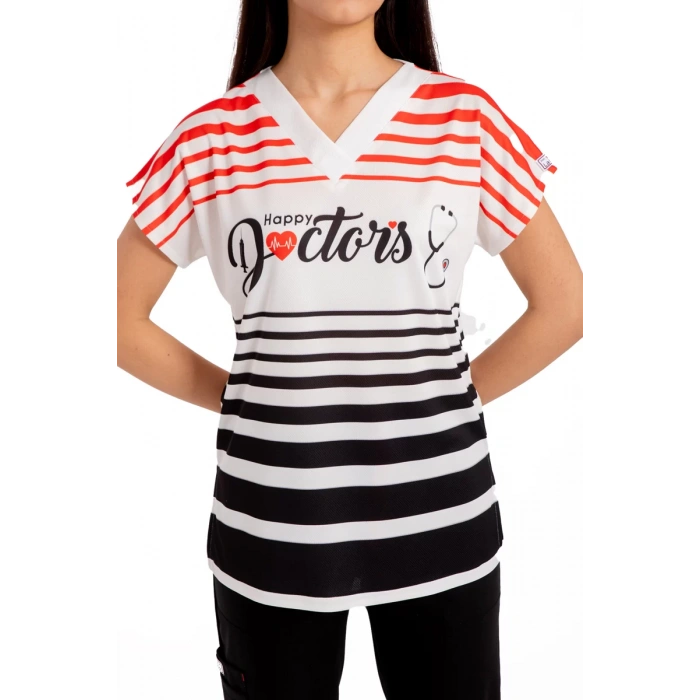 Scrubs cerrahi forma kadın tek üst mutlu doktorlar siyah