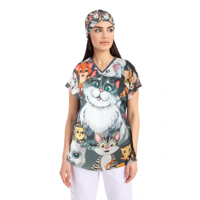 Scrubs cerrahi forma kadın tek üst şımarık kediler