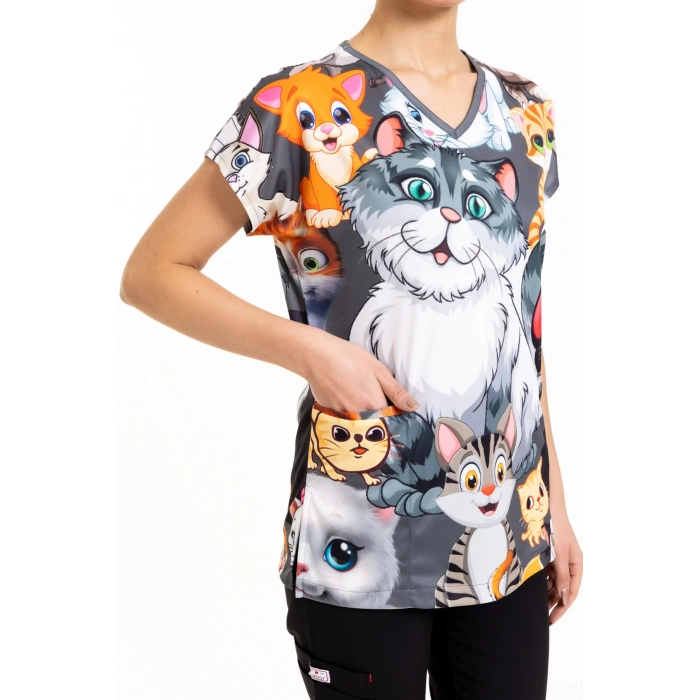 Scrubs cerrahi forma kadın tek üst şımarık kediler