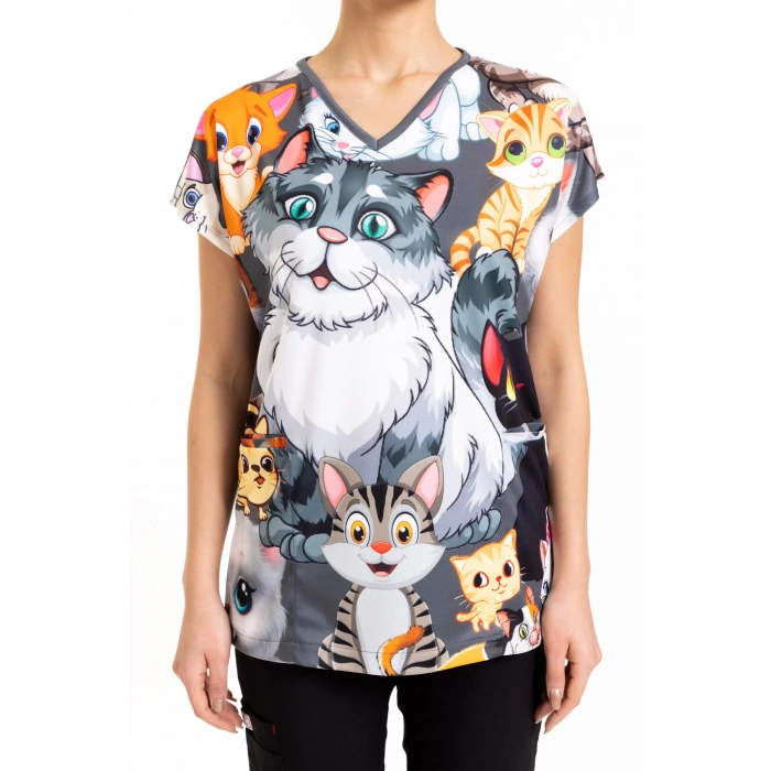 Scrubs cerrahi forma kadın tek üst şımarık kediler