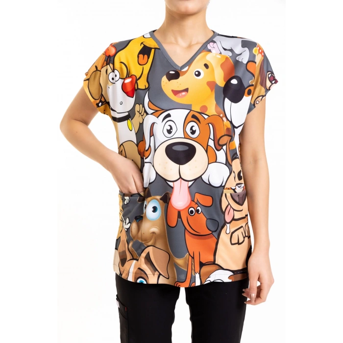 Scrubs cerrahi forma kadın tek üst şımarık köpekler