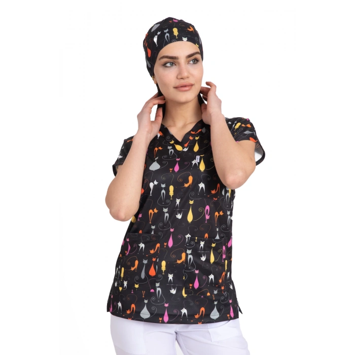 Scrubs cerrahi forma kadın tek üst kedili desen 32
