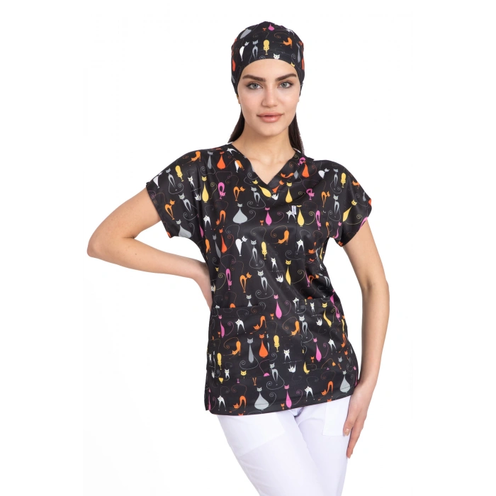 Scrubs cerrahi forma kadın tek üst kedili desen 32