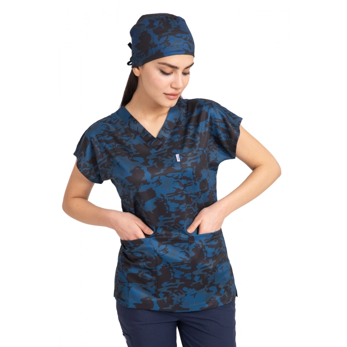 Scrubs cerrahi forma kadın tek üst mavi kamuflaj 23