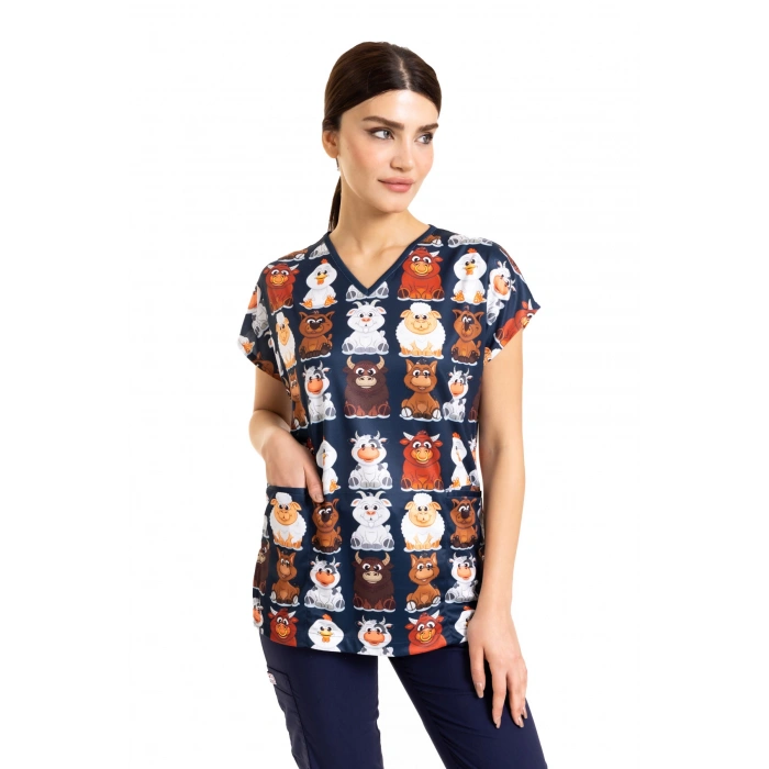 Scrubs cerrahi forma kadın tek üst yeni çiftlik desen