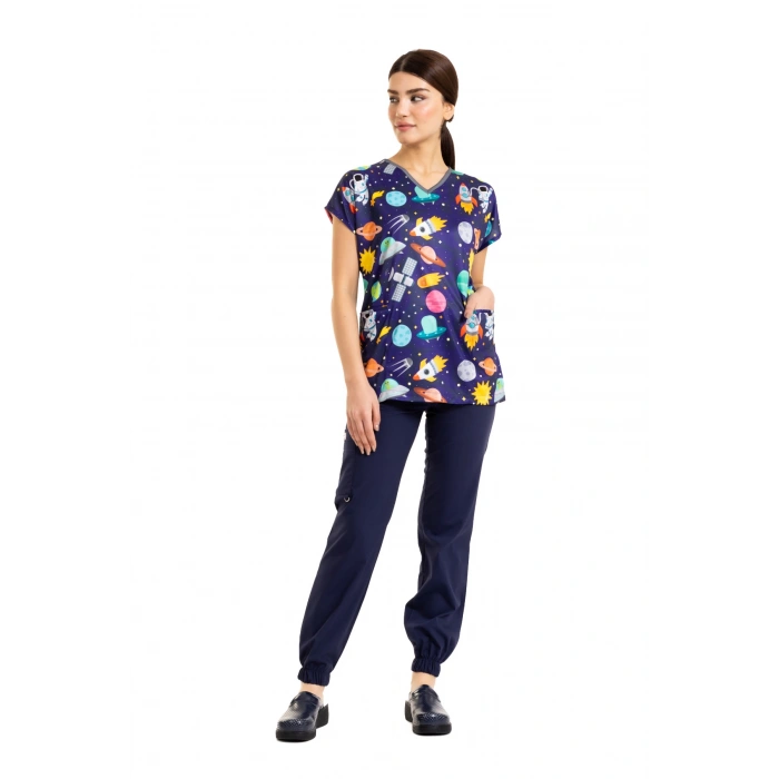 Scrubs cerrahi forma kadın tek üst uzay desen